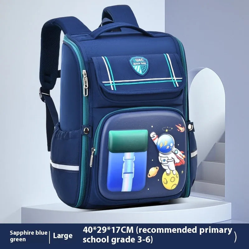 Children's cartoon backpack with airpillow straps in Spaceman Blue Red, designed for primary school use to reduce spine pressure