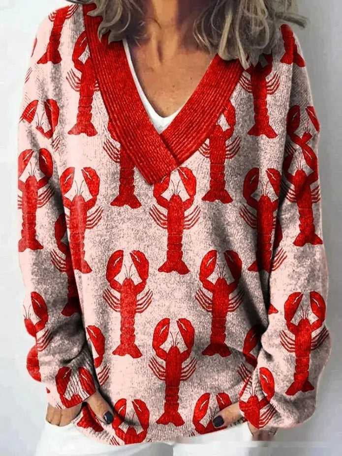 Women's floral pattern V-neck sweatshirt with 3D effect design in art retro style