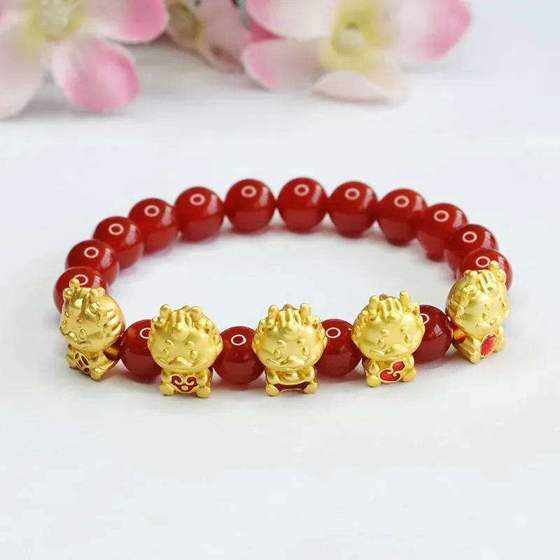 Natural red agate bracelet with carved Five Blessing Dragon motif measuring approximately 8mm diameter