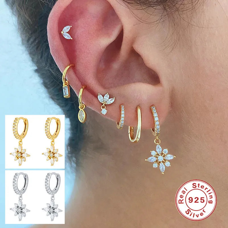 S925 sterling silver snowflake pendant earrings with geometric design and inlaid gemstones