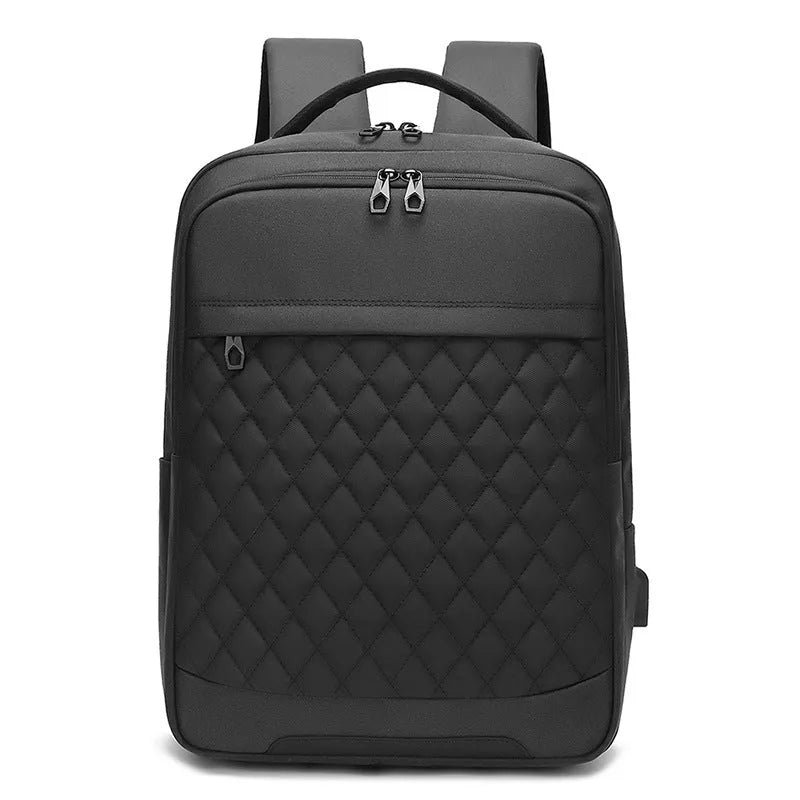 Men's solid colour Oxford cloth travel backpack with diamond mesh panels and curved shoulder straps.