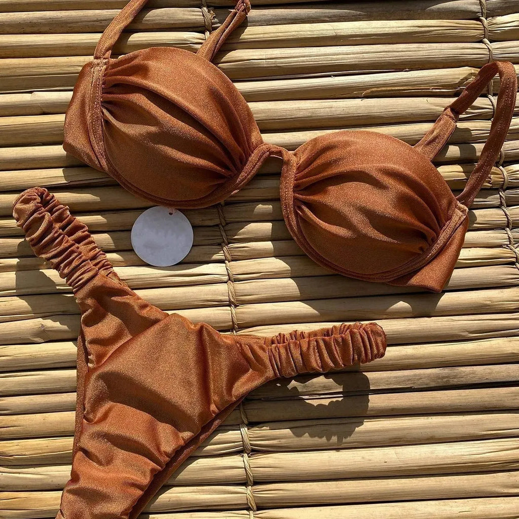 Women's underwire bikini swimsuit in khaki, white, or black with high elasticity nylon fabric for swimming and fitness.