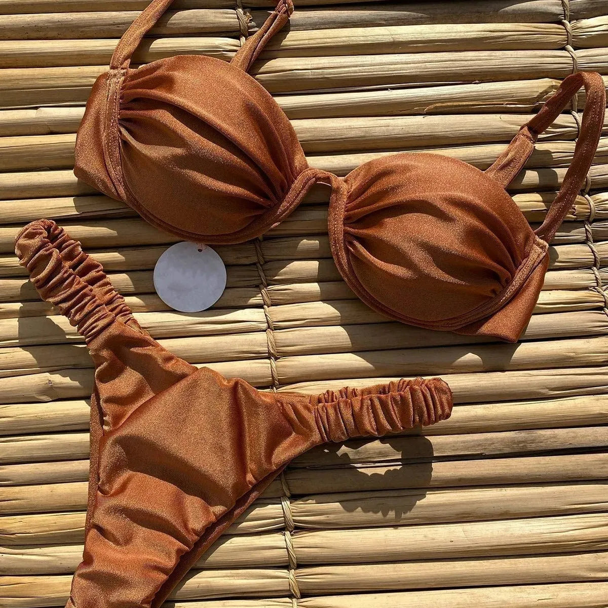 Women's underwire bikini swimsuit in khaki, white, or black with high elasticity nylon fabric for swimming and fitness.