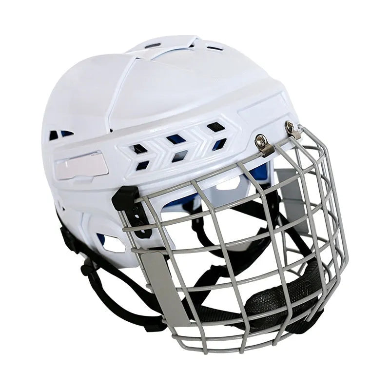 Ice hockey helmet with carbon steel face mask showing impact-resistant polypropylene shell and cushioned EVA lining interior