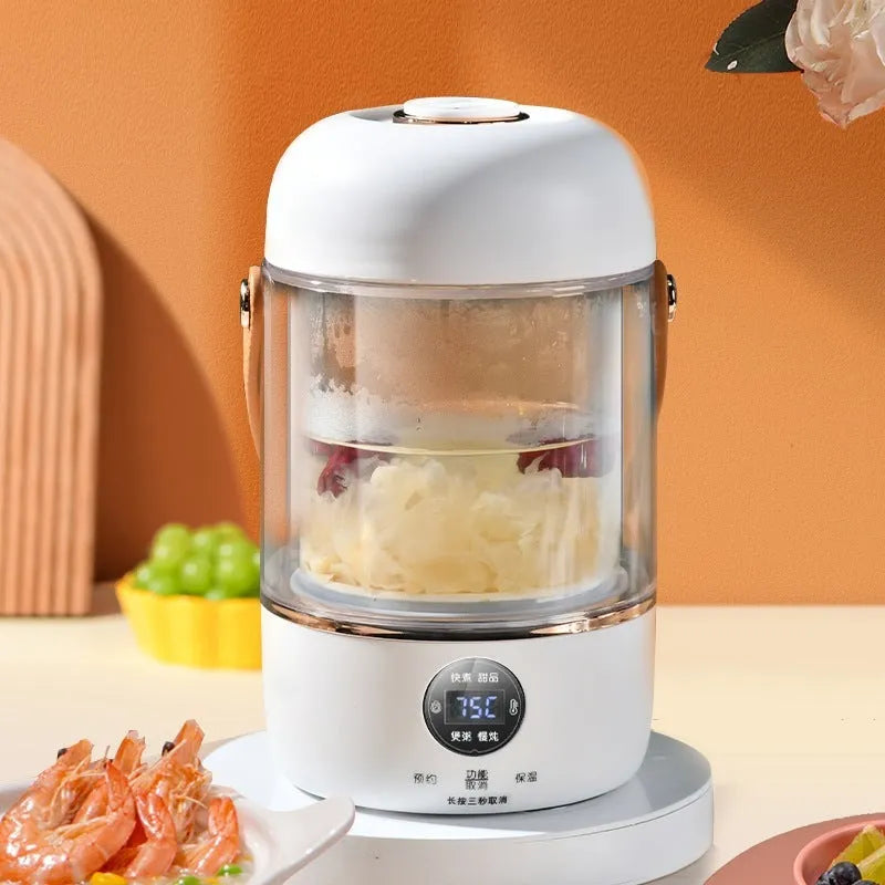 110V-240V electric stew cooker with transparent glass liner and fibre glass body, showing under 1-litre capacity