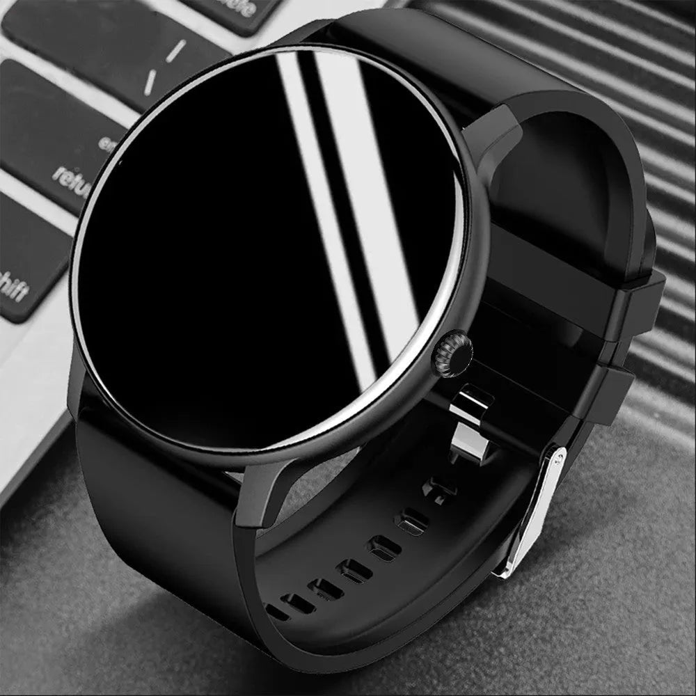 Black smartwatch with 1.28-inch screen on silicone wristband, showing health monitoring display
