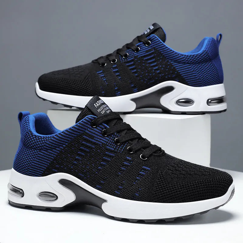 Men's black and blue Flyknit mesh casual sneakers with lace-up front and soft sole.