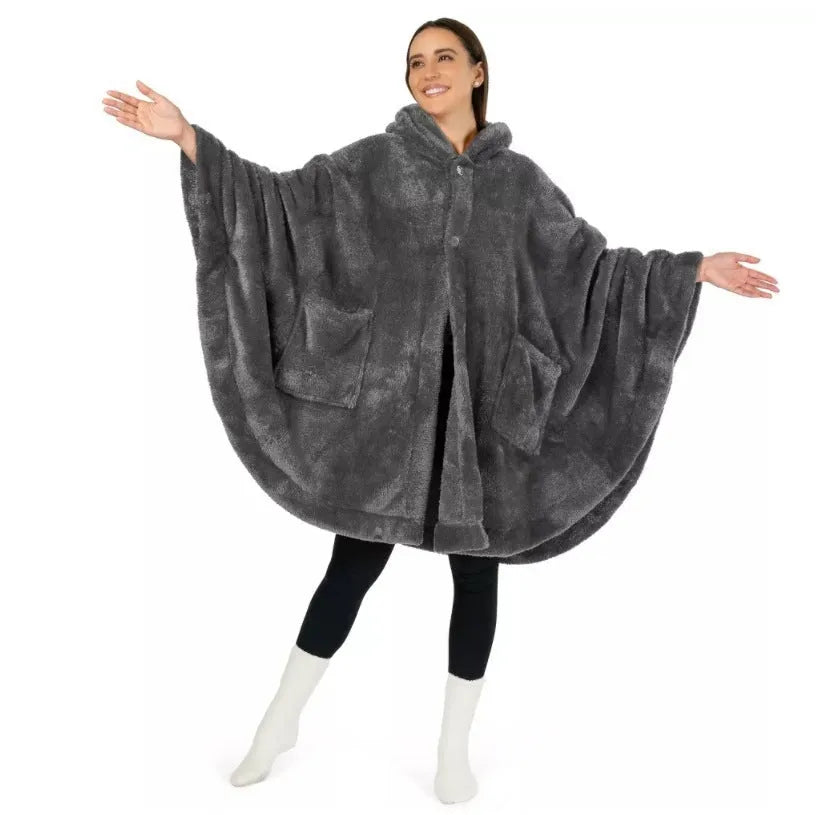 Hooded cloak bathrobe in black with long sleeves and tie belt, made from thick 501-600g/sq m polyester fabric