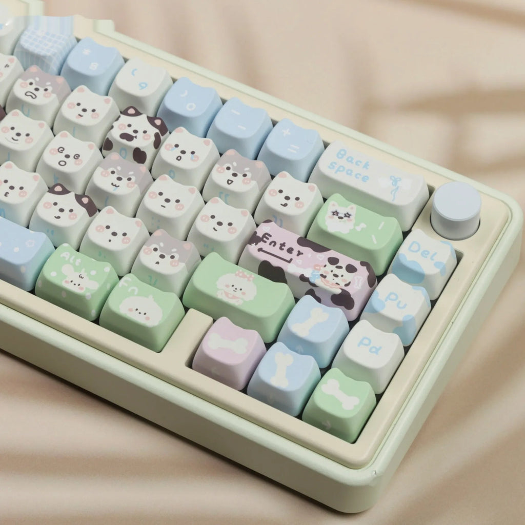 Cat and puppy-themed PBT sublimation key cap set with 104 keys for mechanical keyboards