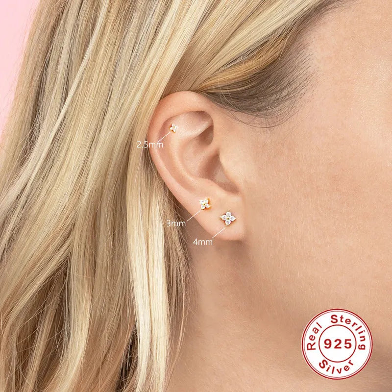 S925 sterling silver petal crystal flowers stud earrings in gold or platinum plating, showing geometric flower design