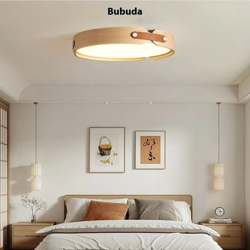Japanese-style wooden ceiling lamp with a white PMMA shade, shown in a warm light setting.