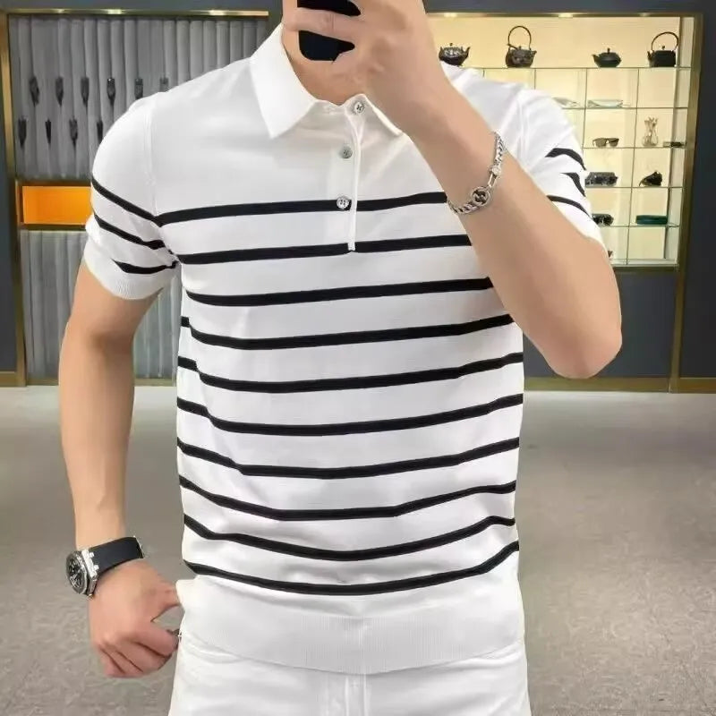 Black and white striped lapel knitted T-shirt with pullover style and non-ironing fabric
