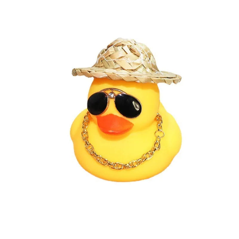 Yellow duck wearing straw hat car dashboard ornament with matte finish, 12cm height with base glue and sunglasses necklace