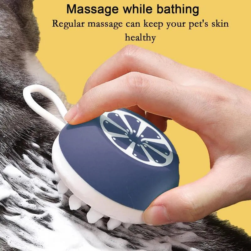 3-in-1 dog shampoo massage brush in blue, grey, or yellow colours for pet bathing