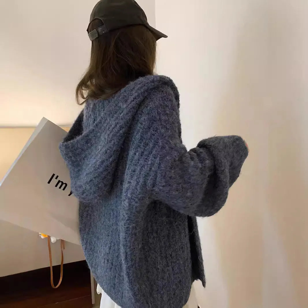 Retro Maillard hooded sweater cardigan for women in dark grey, brown, or milky white with thick acrylic fabric and free size design