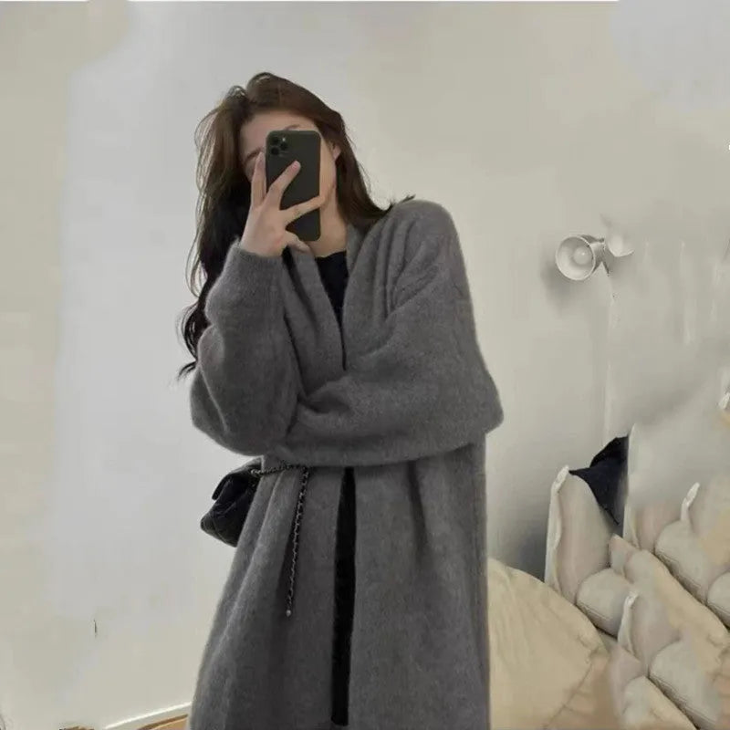 Loose large knitted cardigan with 3D effect pattern in dark gray, 65cm length, chenille fabric, long sleeves