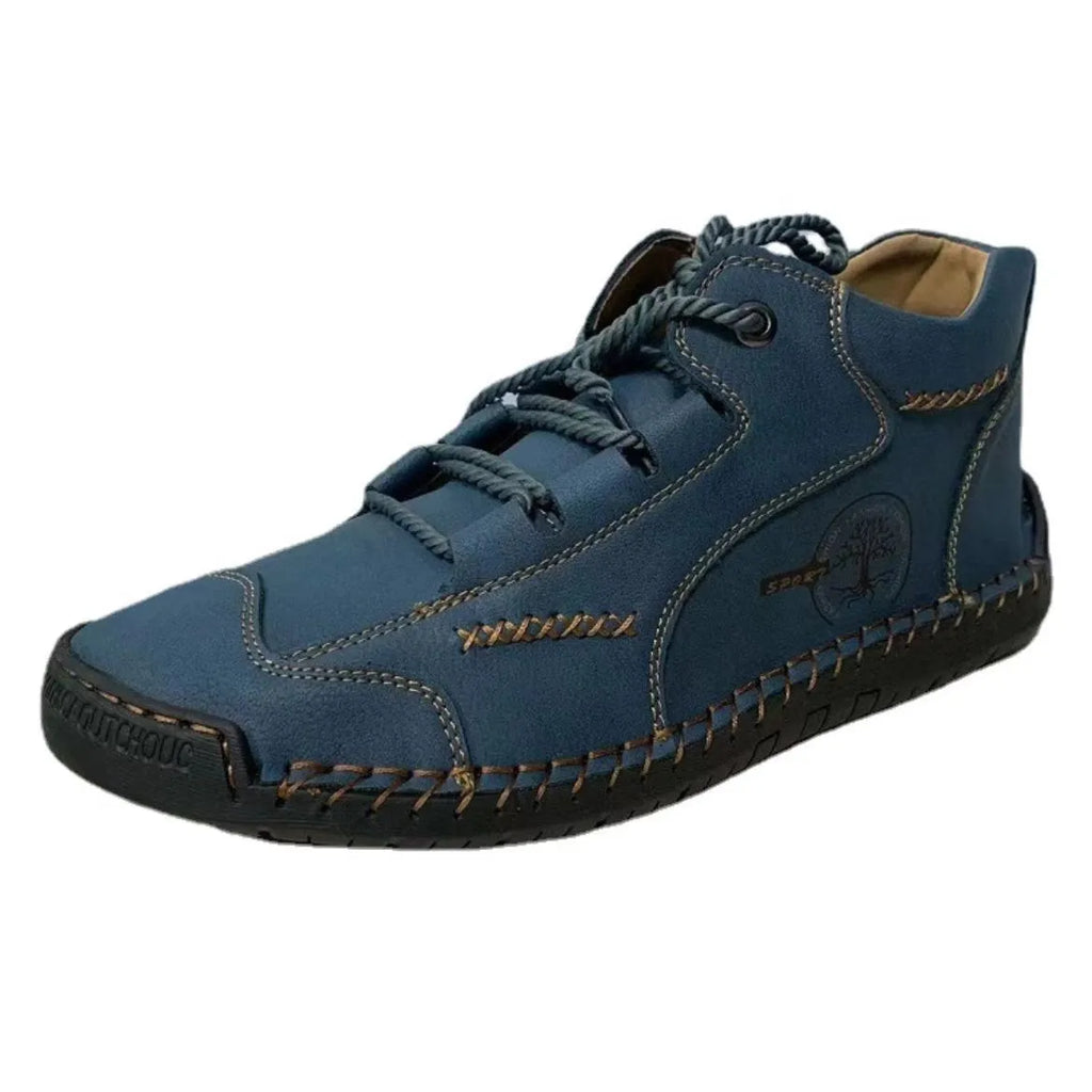 Men's leather mid-top work boots in various colours with lace-up front and rubber sole
