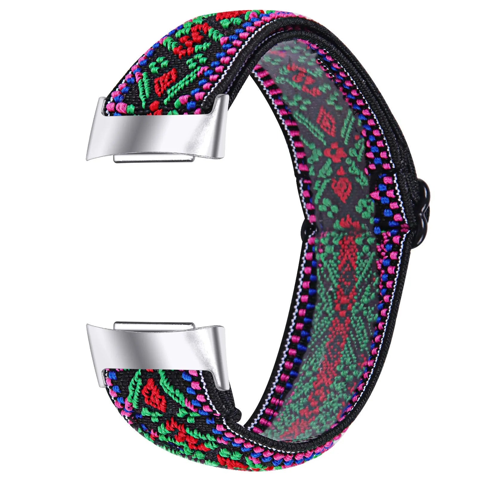 Adjustable printed elastic watch strap compatible with Fitbit Charge 6, shown in a vibrant colour design.
