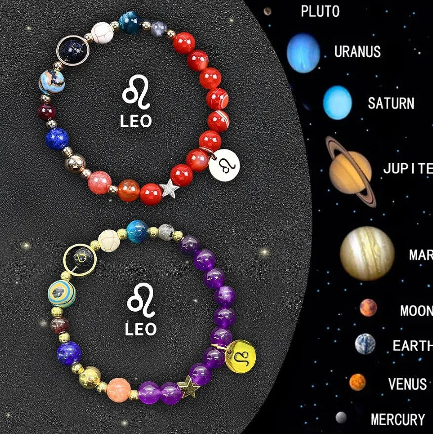 Twelve natural stone zodiac bracelets with adjustable sliding knots showing 20-22cm length range