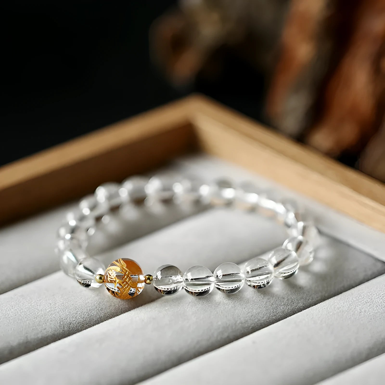 Unisex geometric obsidian and white crystal bracelet with black agate beads and golden dragon accent