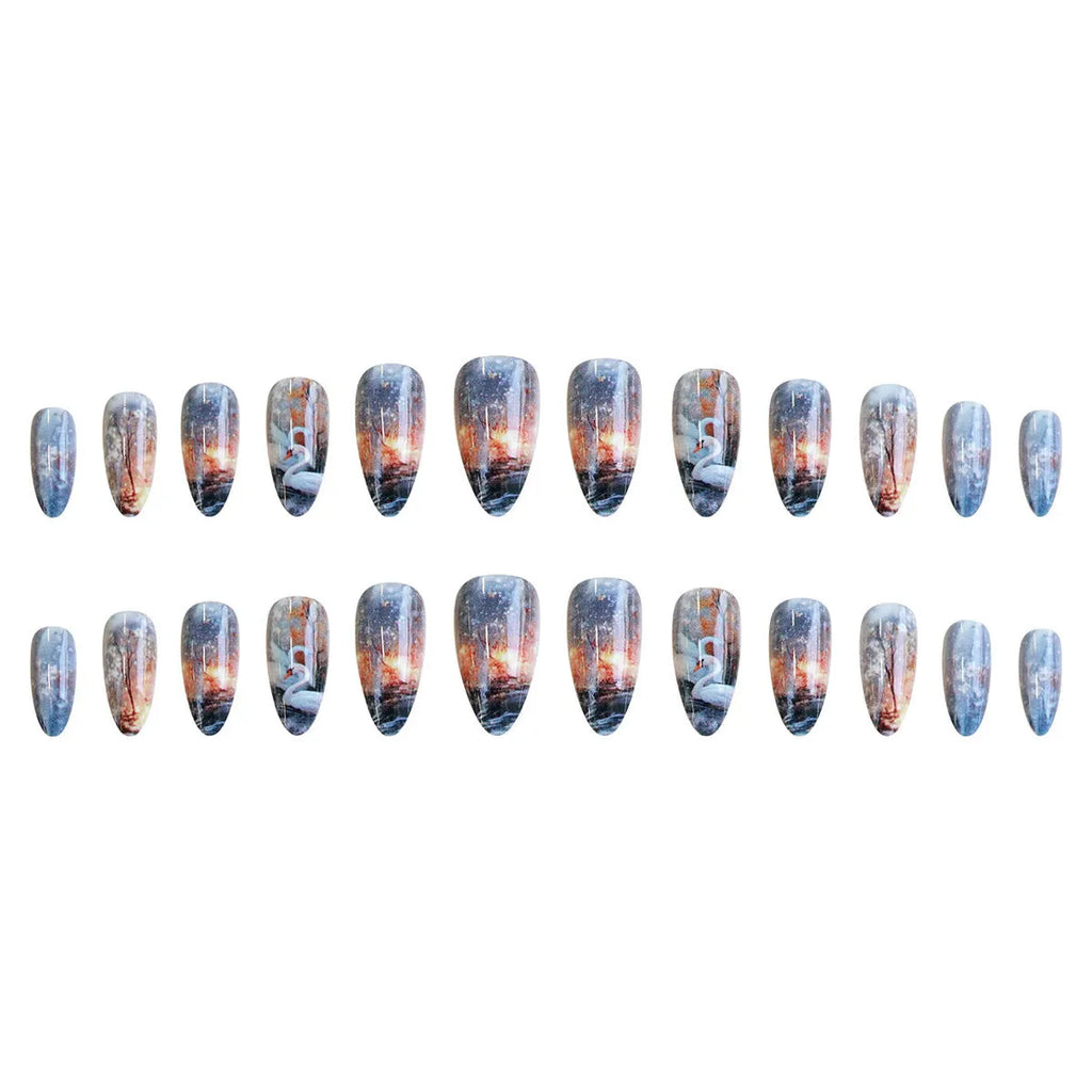 WM-43 Swan Lake Dance medium almond fake nails in starry sky pattern, glue type wearable plastic set for ladies