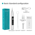 Ultrasonic dental cleaner with visual display, 30KHZ tracking, three cleaning modes, and 500mAh rechargeable battery.