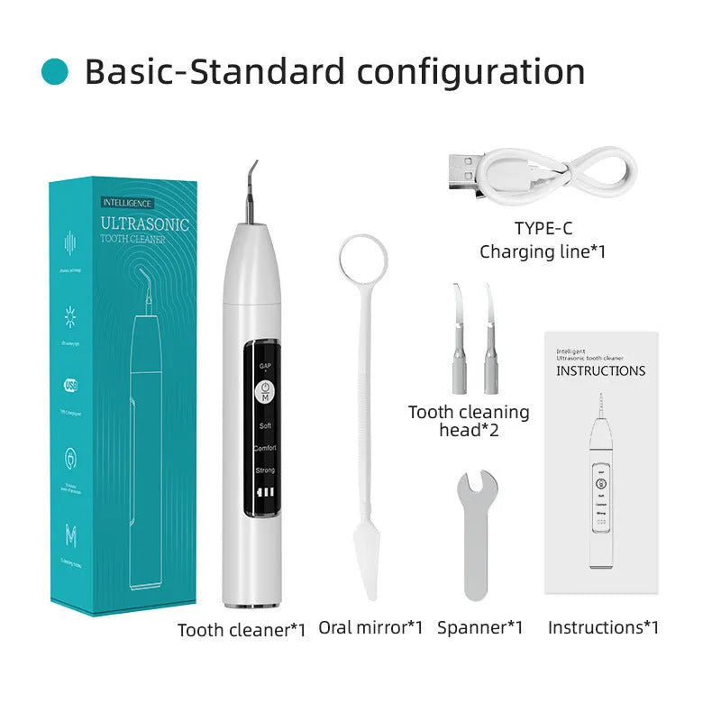 Ultrasonic dental cleaner with visual display, 30KHZ tracking, three cleaning modes, and 500mAh rechargeable battery.