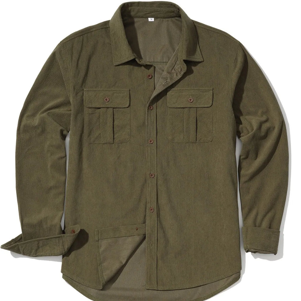 Men's loose-fit corduroy shirt in Japanese retro style with sanded velvet texture, shown in Army Green colour