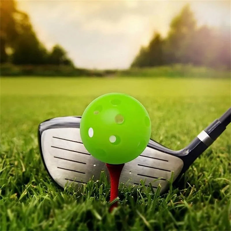 Six-colour golf practice balls in net pocket, each measuring 42mm diameter