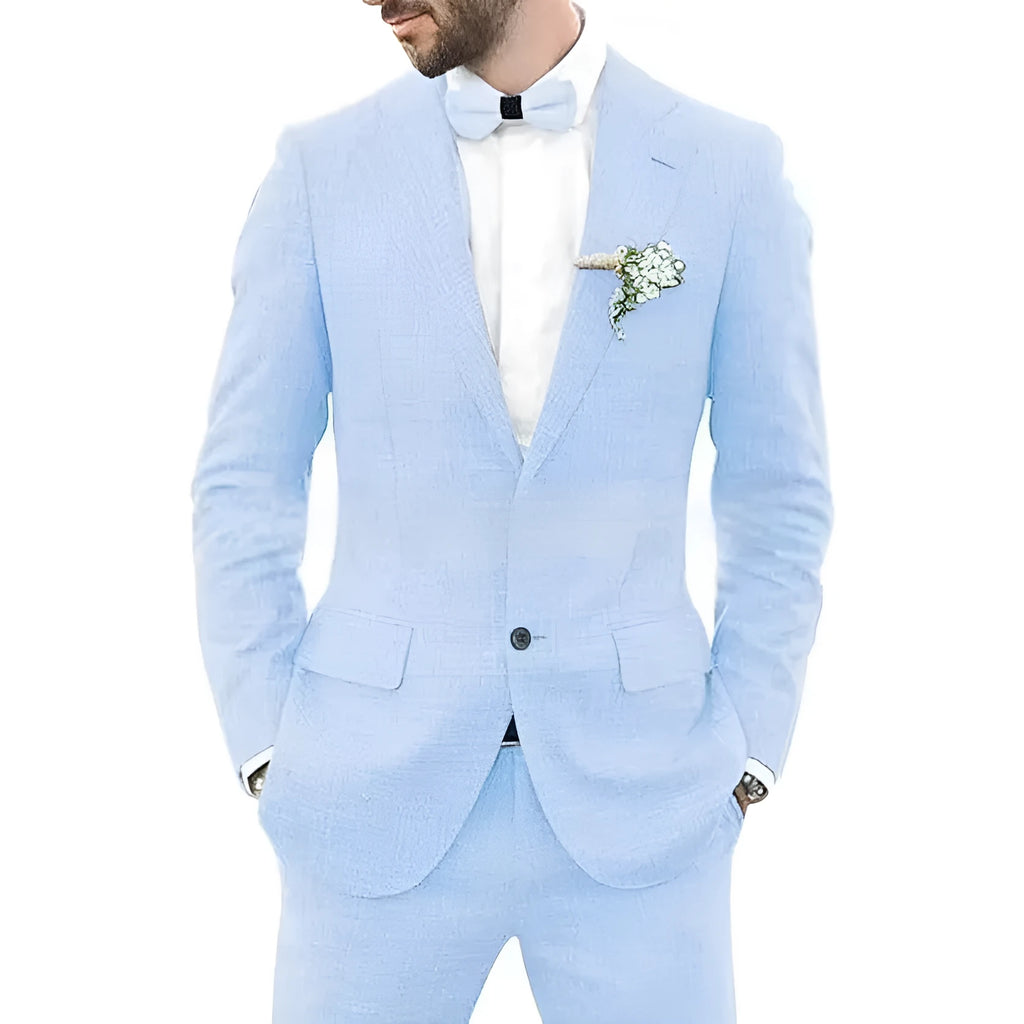 Men's slim fit suit jacket and trousers in a linen hemp blend fabric on a hanger
