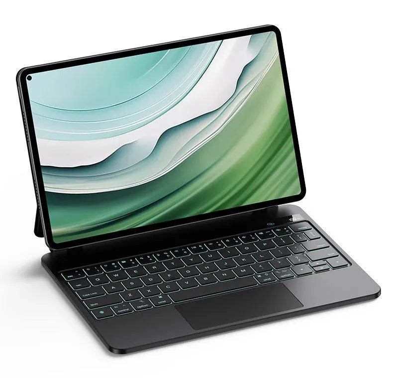 Miaocontrol Keyboard Pro11 magnetic wireless keyboard attached to Huawei tablet showing 11-inch size and black/white colour options