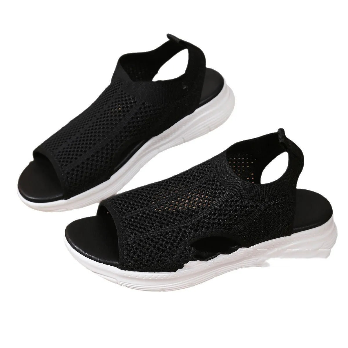 Women's black platform sports sandals with a flat toe bracket and mesh lining on a rubber sole.