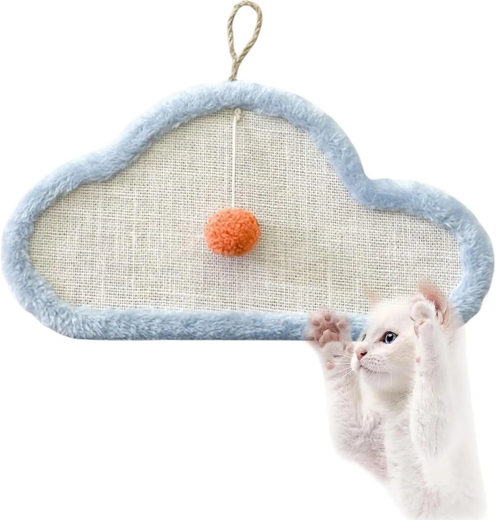 White cat scratching mat with sleeping cat design, natural sisal surface, wall mounted, 41cm by 21cm