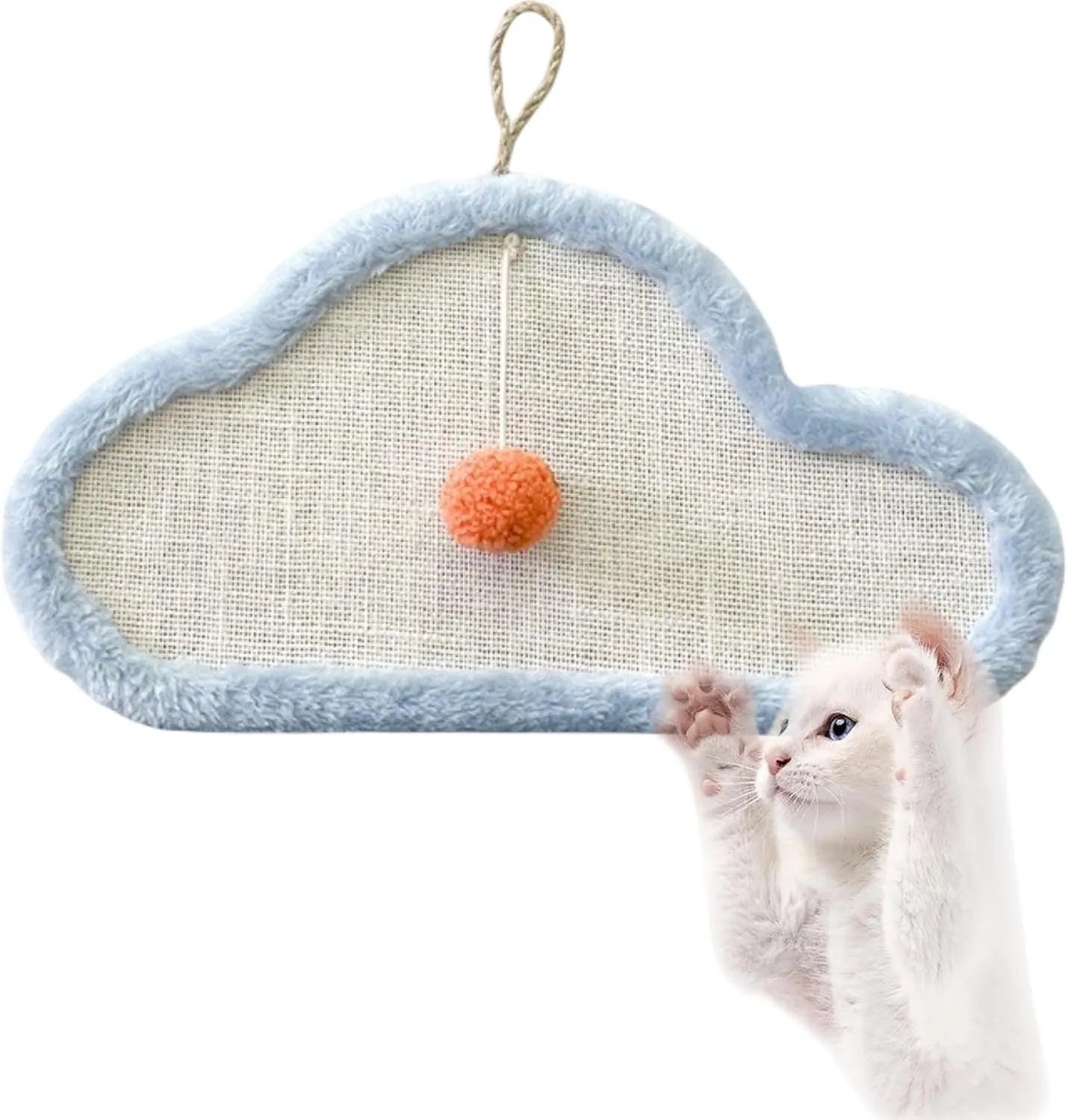 White cat scratching mat with sleeping cat design, natural sisal surface, wall mounted, 41cm by 21cm