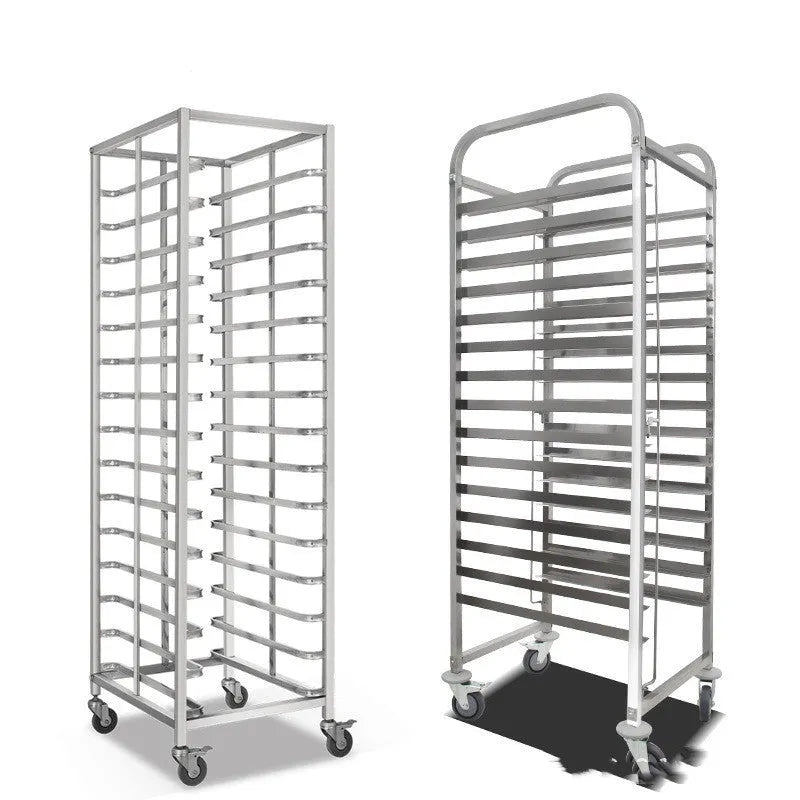 Stainless steel baking tray rack with lock, holding six 40x60cm trays