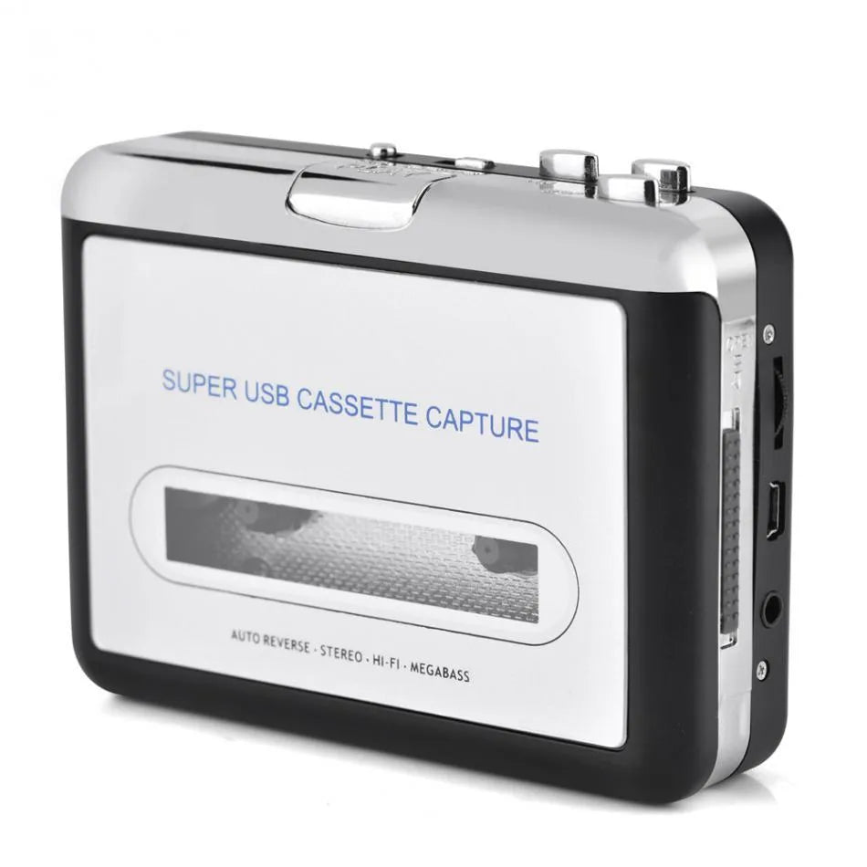 Silver USB cassette tape to MP3 converter unit with connection cables on a flat surface.