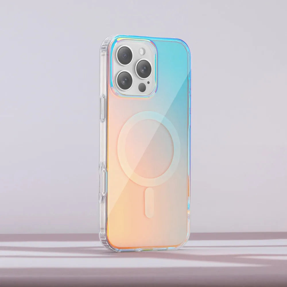 Glossy transparent iPhone case with chameleon colour effect on iPhone 14 Pro