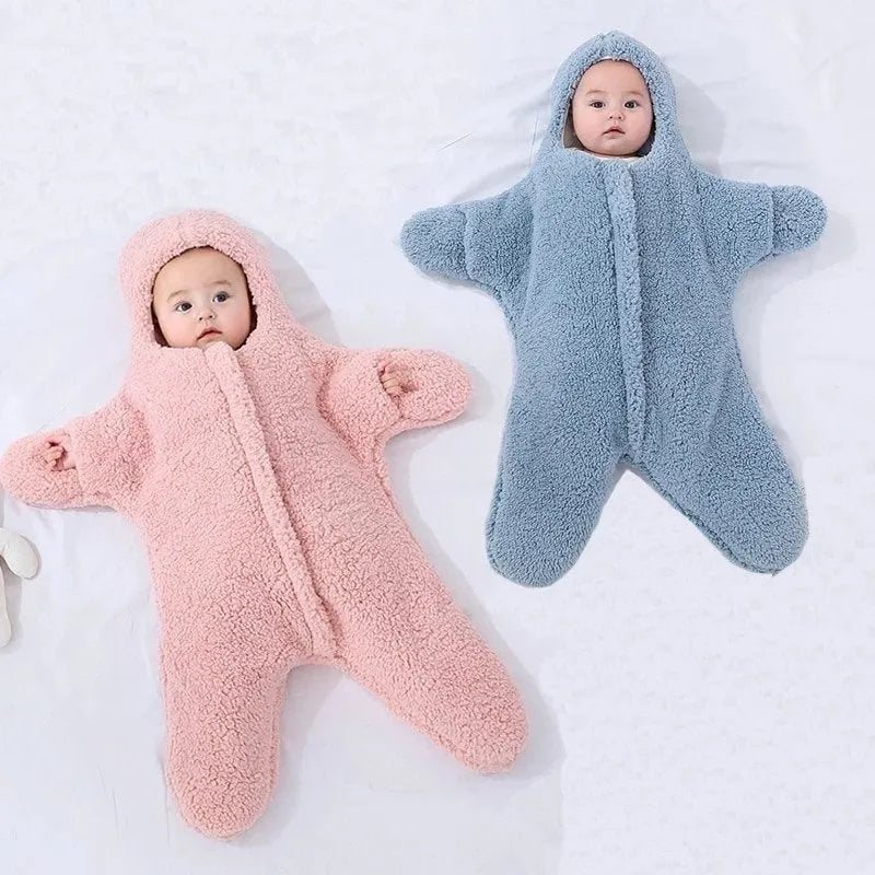 Hooded baby sleeping bag in cashmere cotton fabric with zip opening and hand cuffs