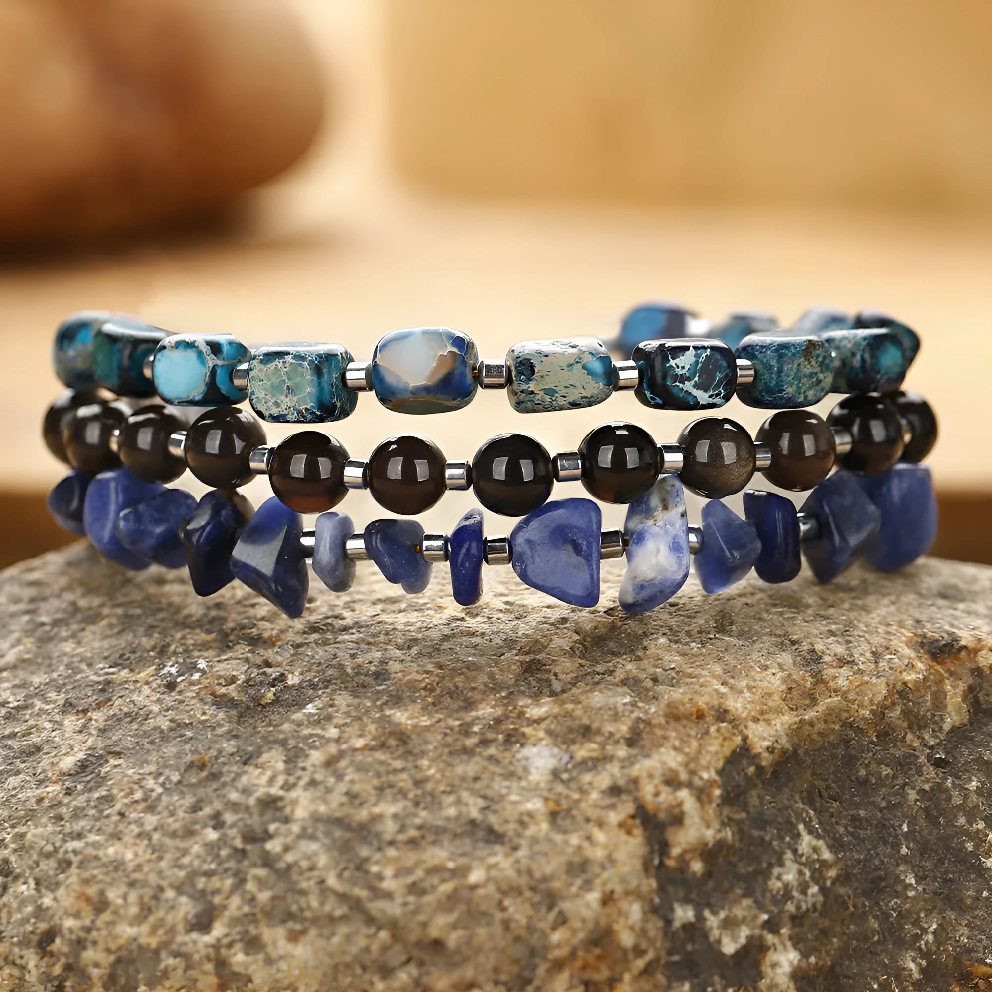 Blue hand-woven crushed stone bracelet with geometric Fang Hui stone and gold obsidian beads