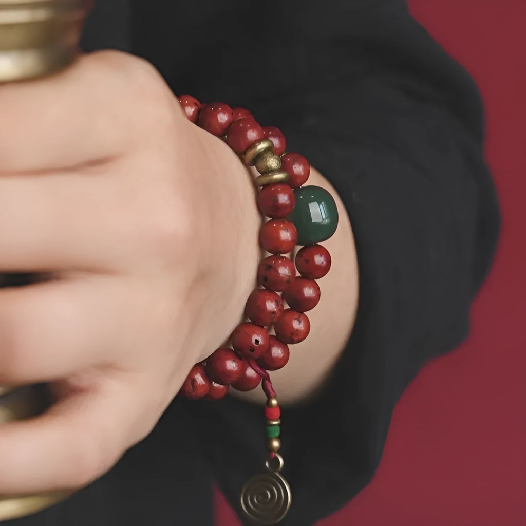 Bird's eye bodhi double circle bracelet showing hand-processed natural seeds in retro cartoon style
