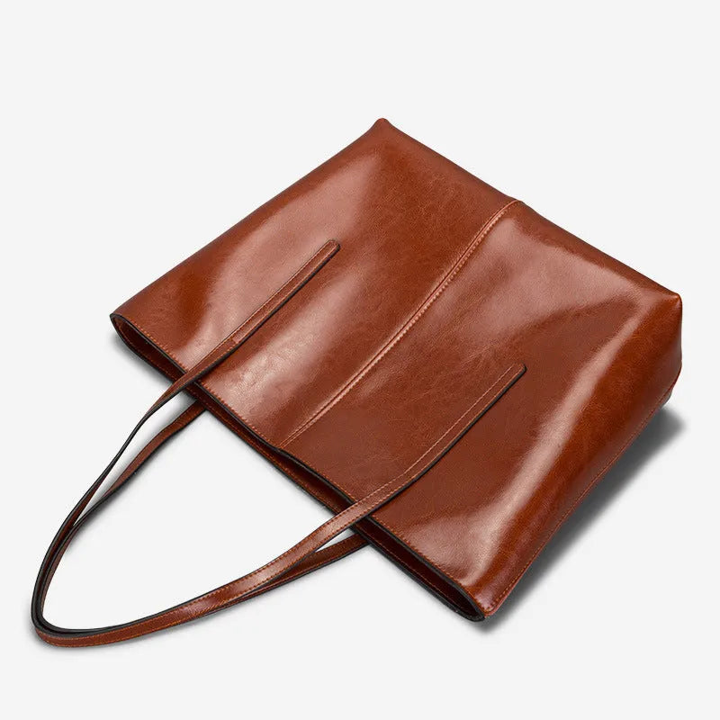 Women's genuine cowhide leather shoulder bag with horizontal square design and multiple compartments