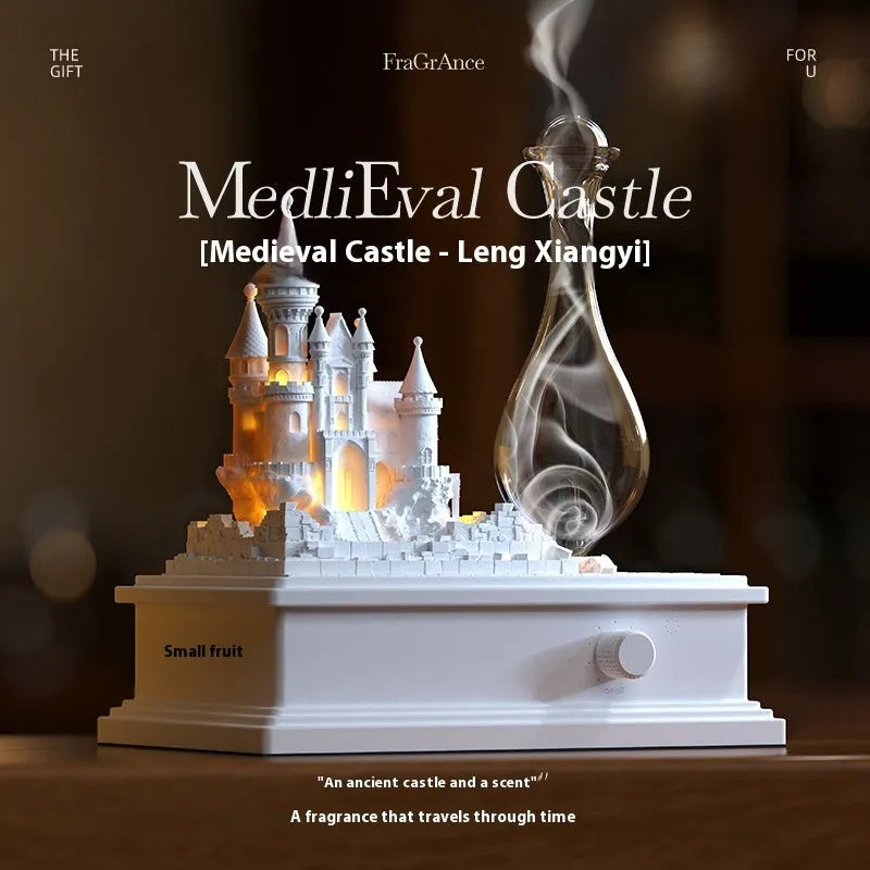 White medieval castle cold fragrance aromatherapy machine with ambient lighting, 188mm tall with USB-C charging port