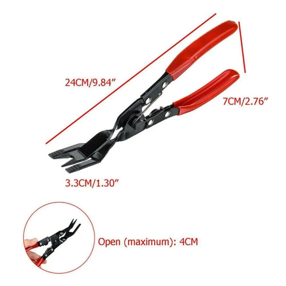 Blue steel car interior clip removal pliers showing 235mm length and 32mm working head
