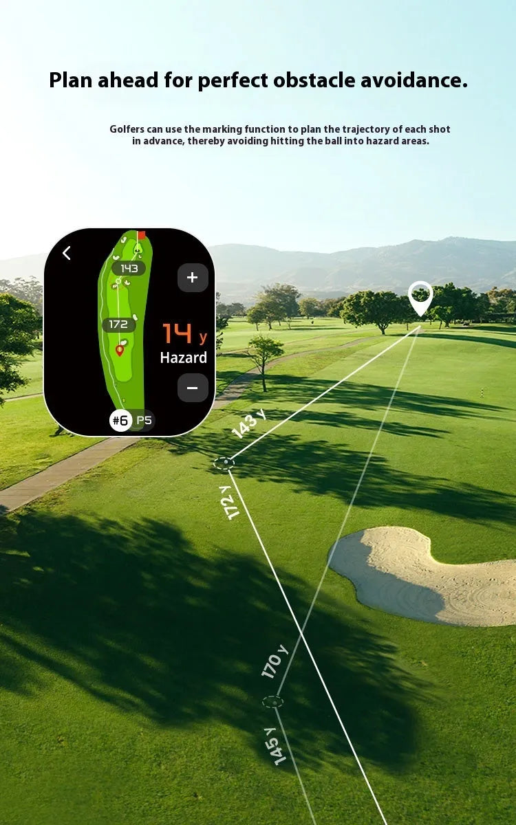GenePro G1 black GPS rangefinder showing 2.13-inch AMOLED screen with distance measurement display