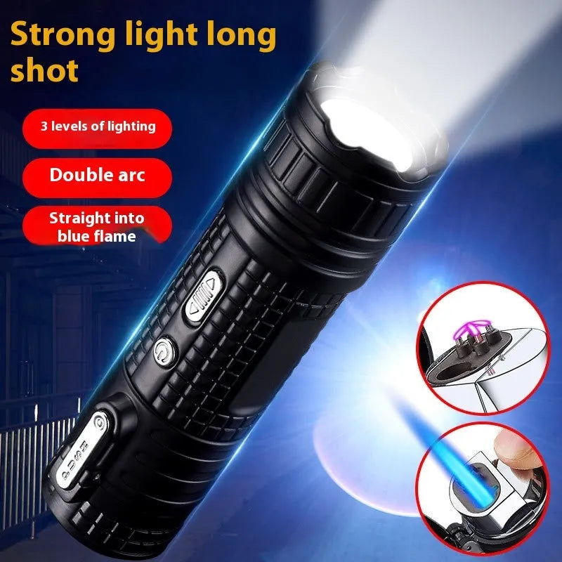 TH727 multi-function waterproof flashlight lighter in metal construction with colour options including camouflage, red, black, blue, and yellow