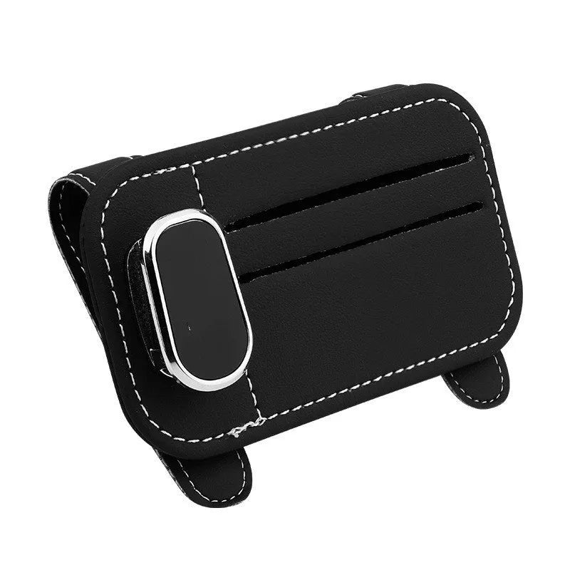 Automotive sun louver storage multifunctional card holder in first-layer cowhide with snap-on installation and glasses clip