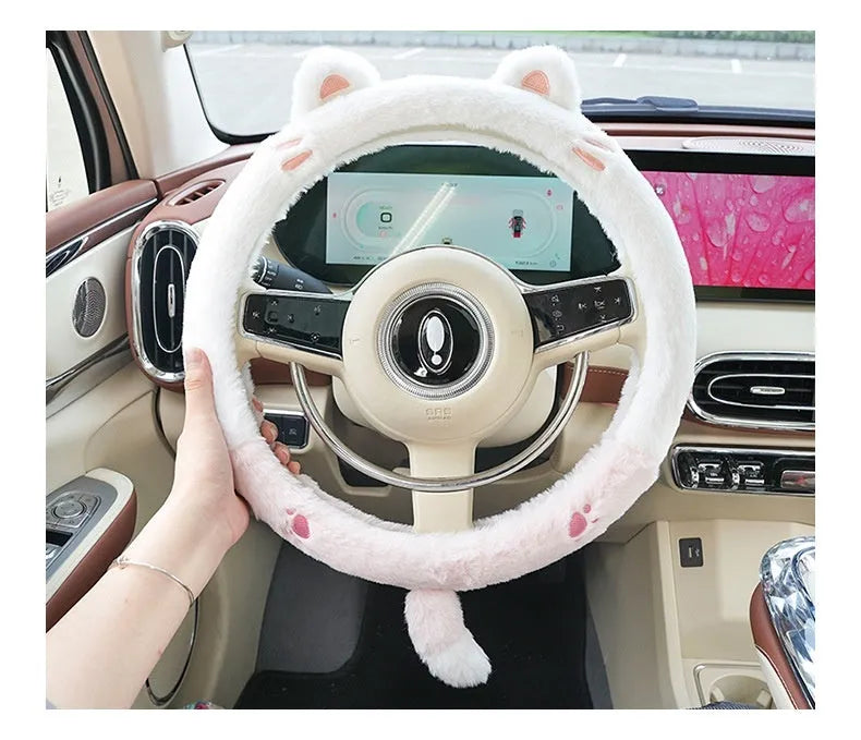 Plush thermal steering wheel cover with embroidered animal design for winter driving comfort