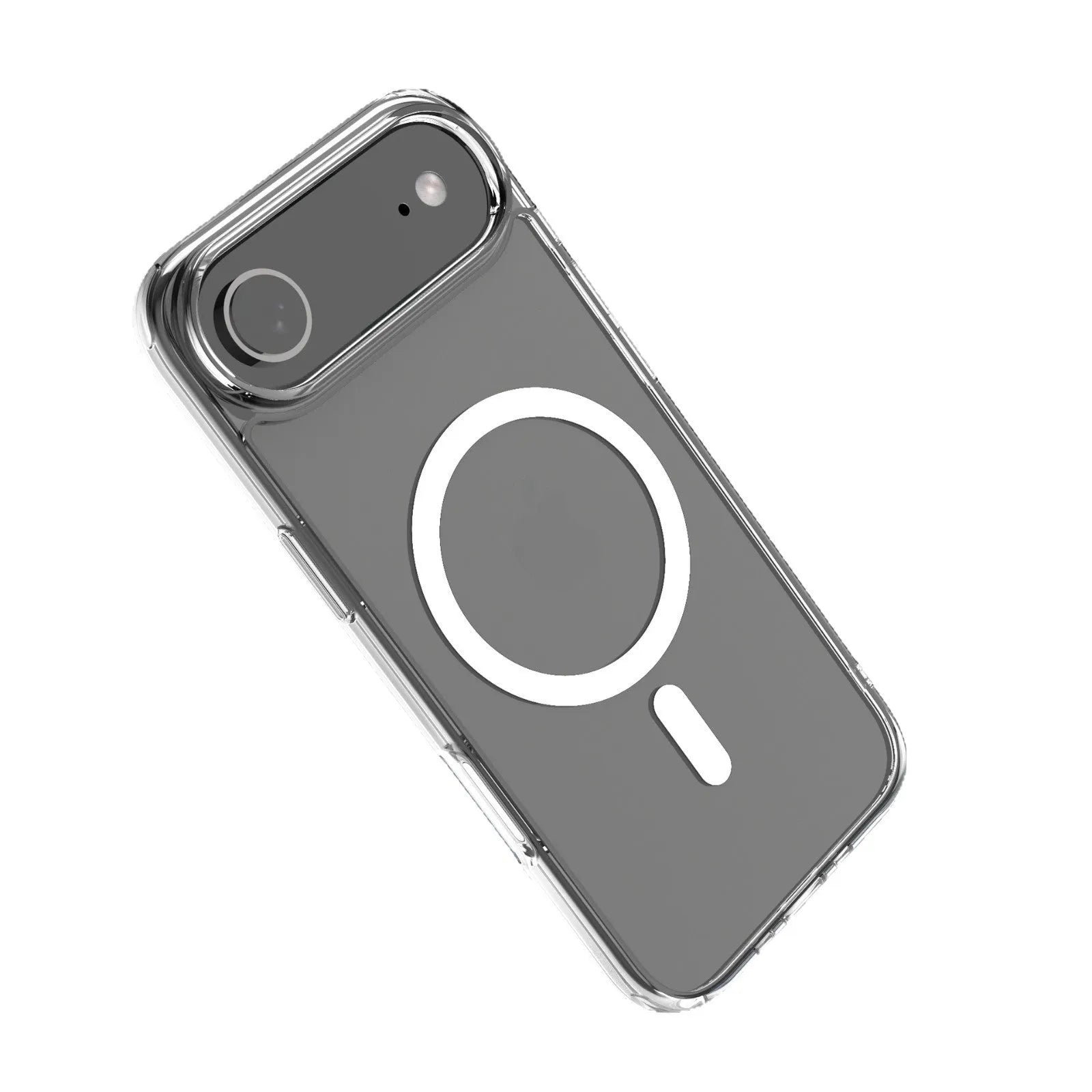 Transparent magnetic phone case for iPhone 17 showing clear design with magnetic ring and precise port cutouts