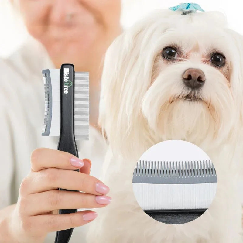 Black double-sided pet grooming comb with wooden handle and stainless steel teeth for cat and dog grooming