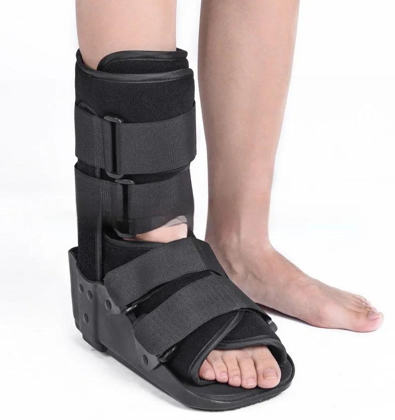 Achilles tendon rehabilitation walking shoes showing adjustable straps and hinge mechanism for ankle support